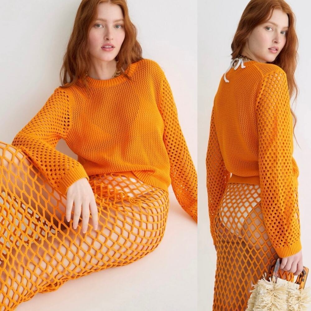 J. Crew Orange Open-Knit Crewneck Sweater